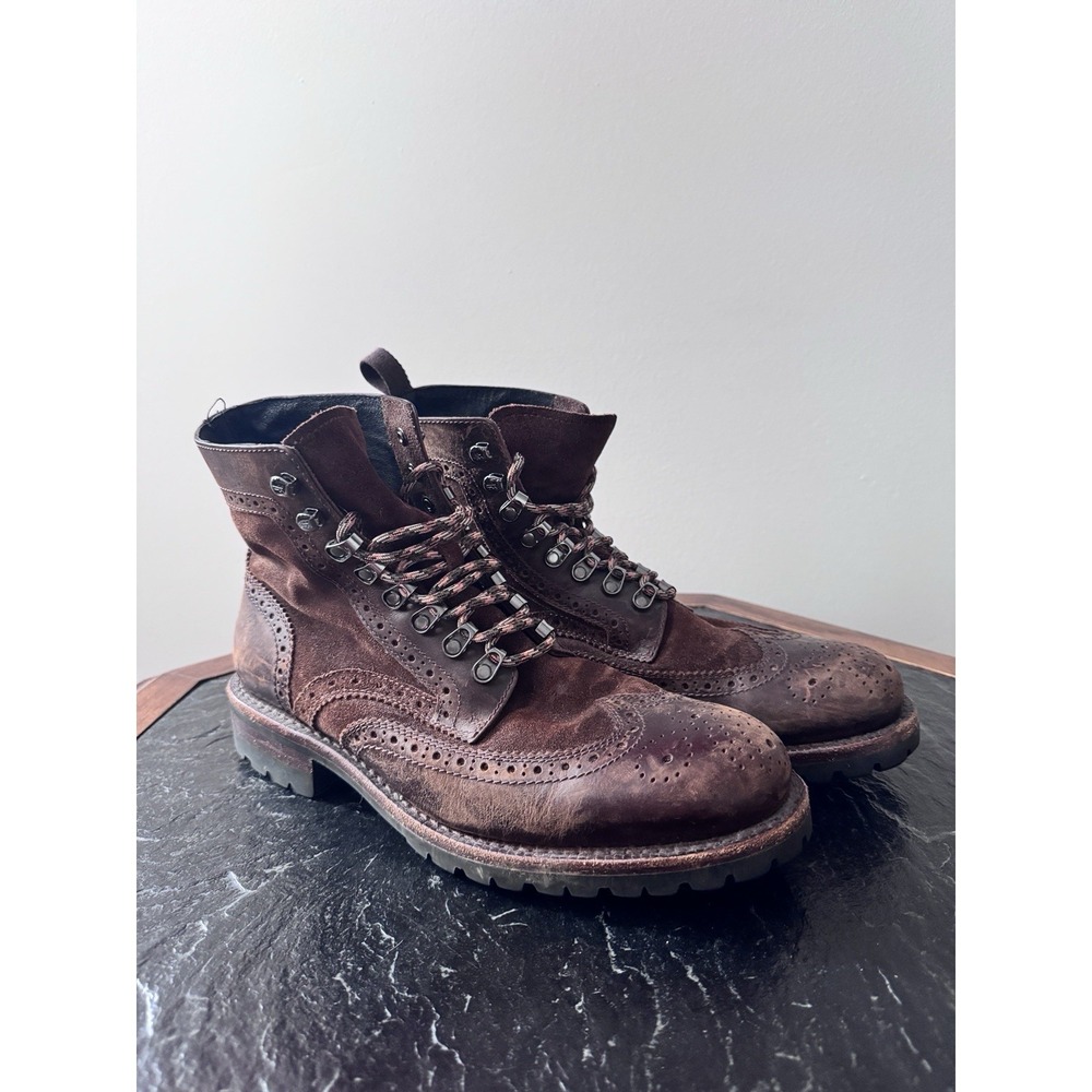 Frye George Adironrack Brown Suede & Leather Herringbone Wingtip Boots Size 9 M